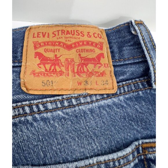Levis 501 Original Fit Button Fly Men's Jeans W33 L34 Faded Distressed Denim - Picture 5 of 13